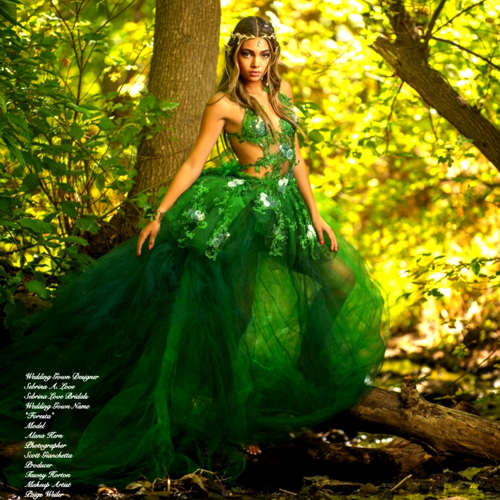 SAMPLE GOWN- The "FAURESTAH" Green Lace & Tulle Wedding Ballgown Set